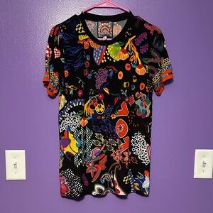 Johnny Was Black Tee with Bright Multicolor Floral & Abstract Print